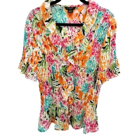 Sunny Taylor Plus Size Floral Pleated Short Sleeve Ruffle V-Neck Top Size 2X - Picture 1 of 5